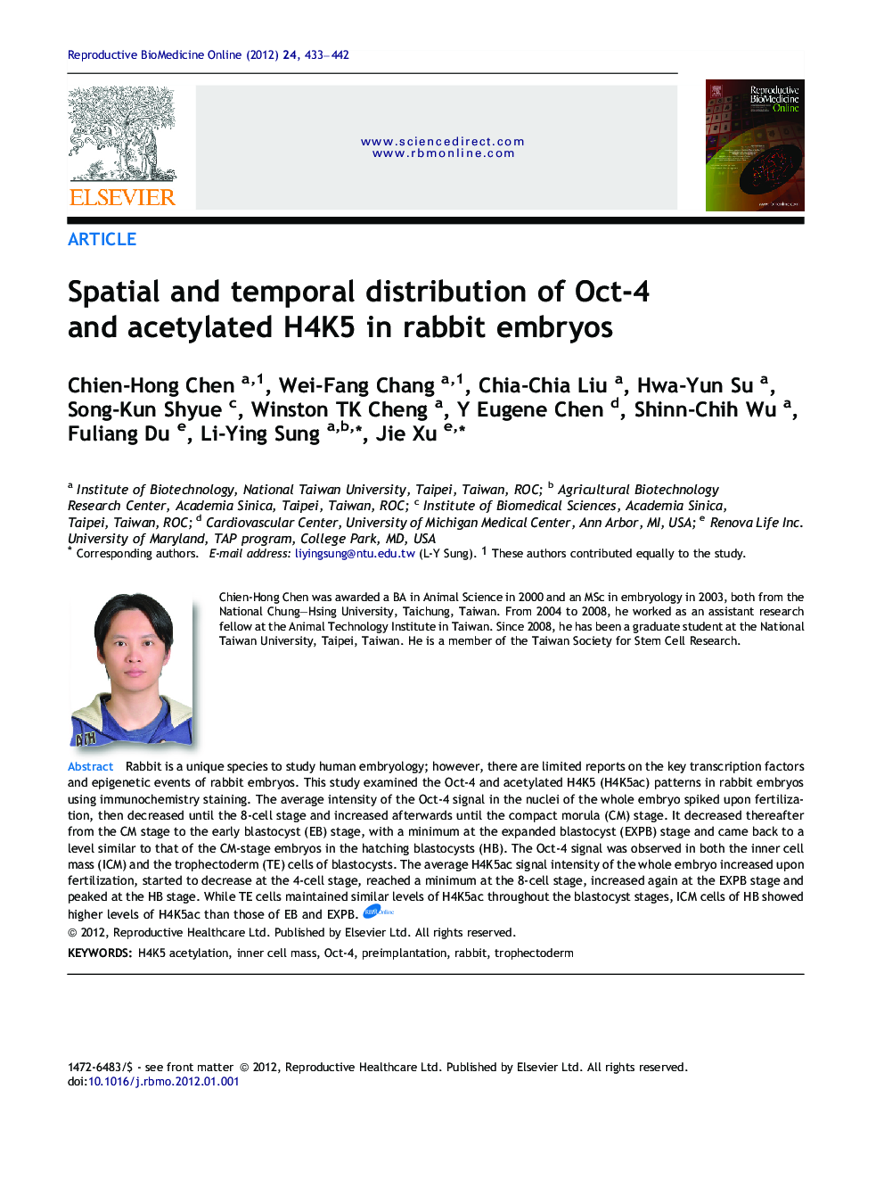 Spatial and temporal distribution of Oct-4 and acetylated H4K5 in rabbit embryos