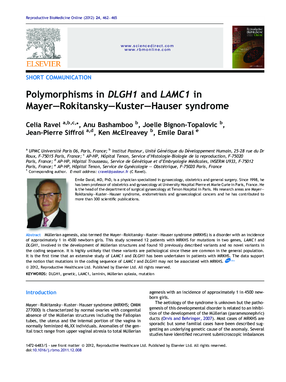 Polymorphisms in DLGH1 and LAMC1 in Mayer–Rokitansky–Kuster–Hauser syndrome 