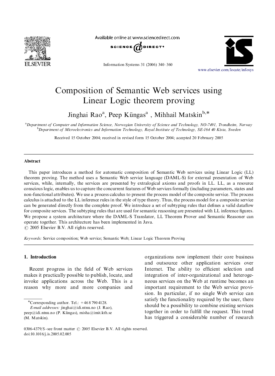 Composition of Semantic Web services using Linear Logic theorem proving