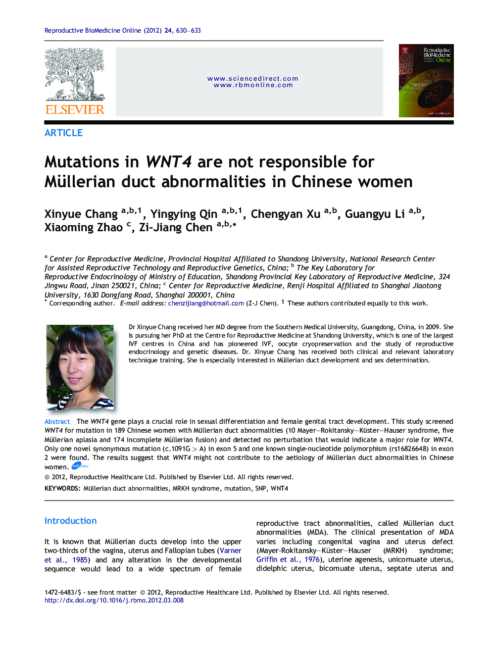 Mutations in WNT4 are not responsible for Müllerian duct abnormalities in Chinese women 
