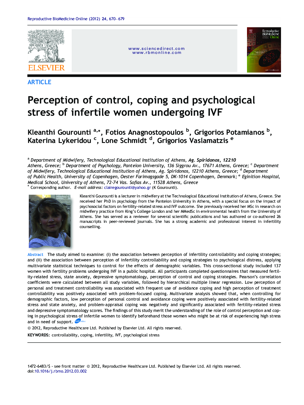 Perception of control, coping and psychological stress of infertile women undergoing IVF 
