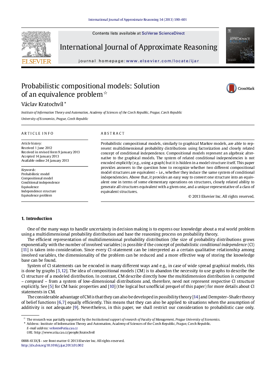 عکس صفحه اول مقاله: Probabilistic compositional models: Solution of an equivalence problem Probabilistic compositional models: Solution of an equivalence problem