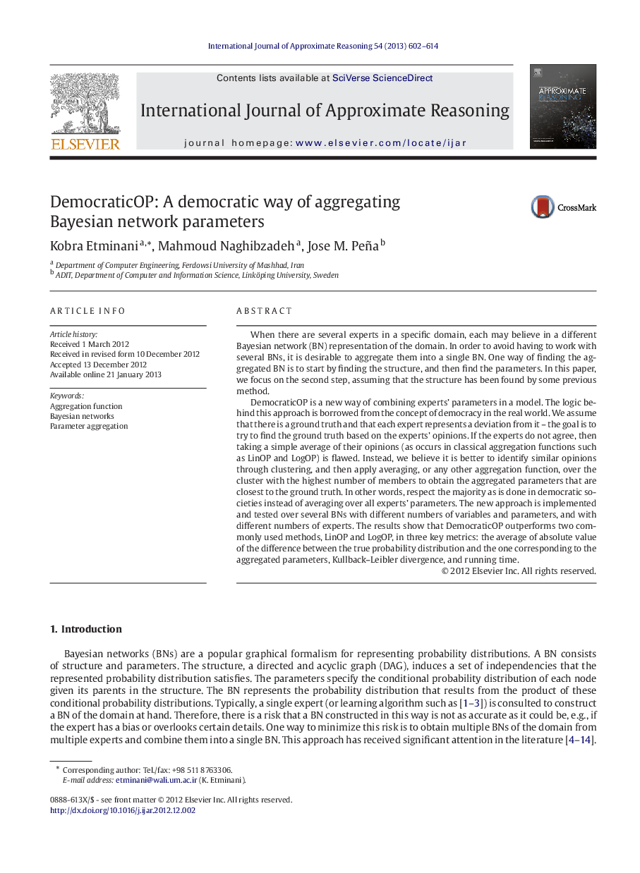 عکس صفحه اول مقاله: DemocraticOP: A Democratic way of aggregating Bayesian network parameters DemocraticOP: A Democratic way of aggregating Bayesian network parameters