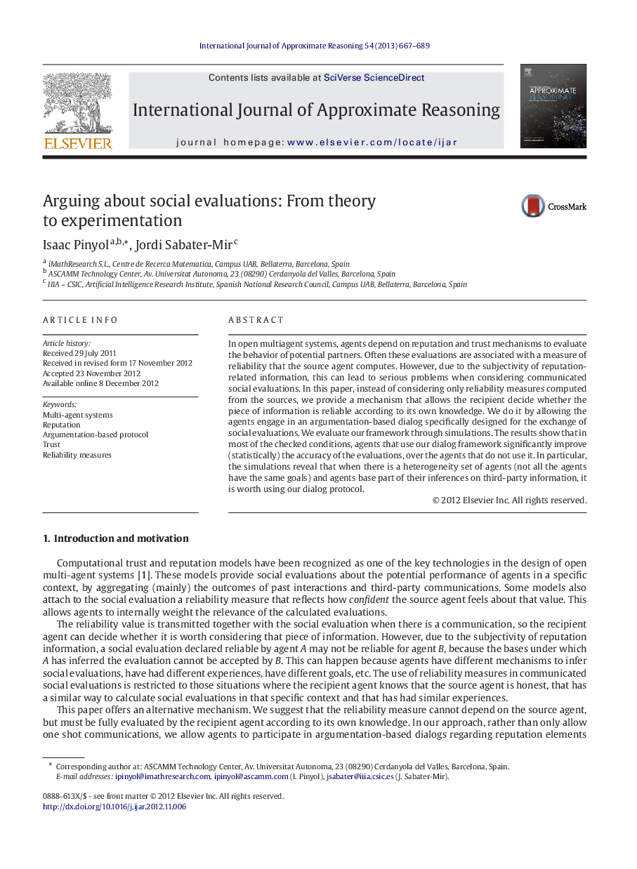 عکس صفحه اول مقاله: Arguing about social evaluations: From theory to experimentation Arguing about social evaluations: From theory to experimentation