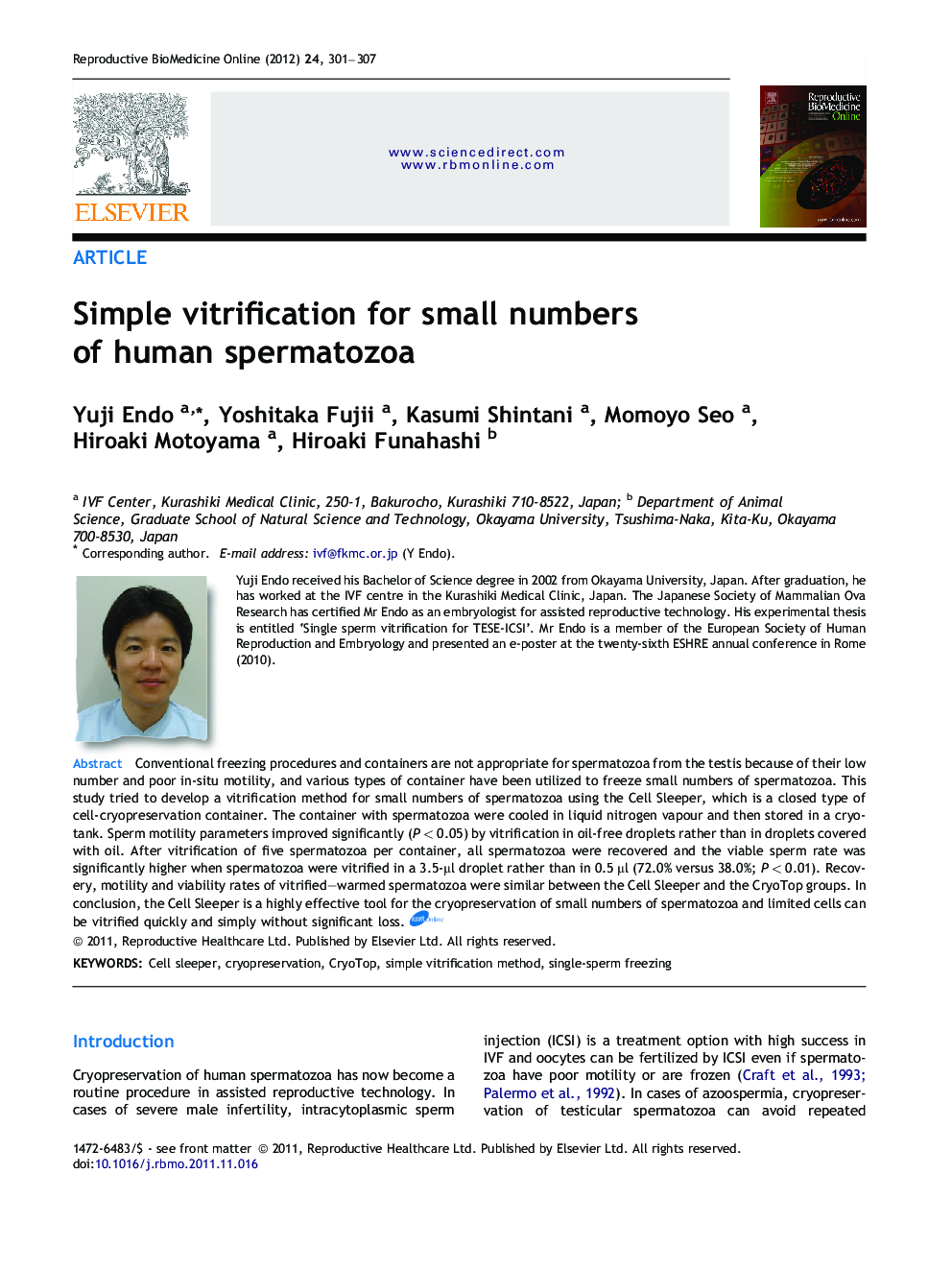 Simple vitrification for small numbers of human spermatozoa 