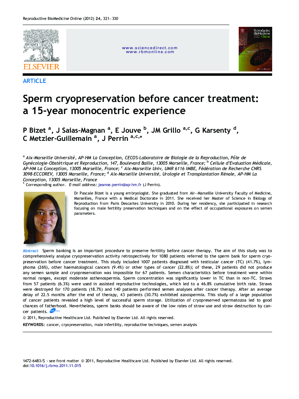 Sperm cryopreservation before cancer treatment: a 15-year monocentric experience 
