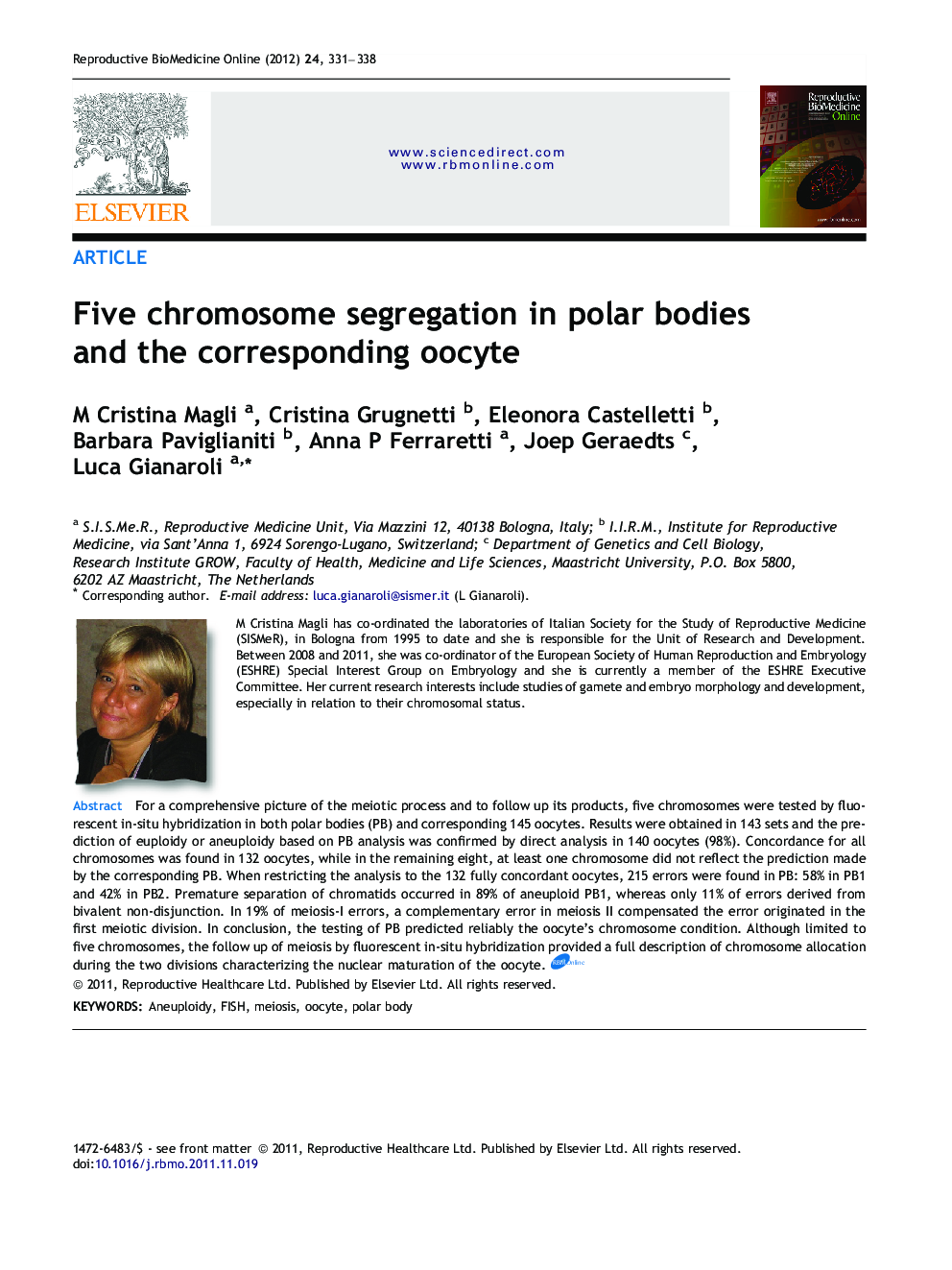 Five chromosome segregation in polar bodies and the corresponding oocyte 