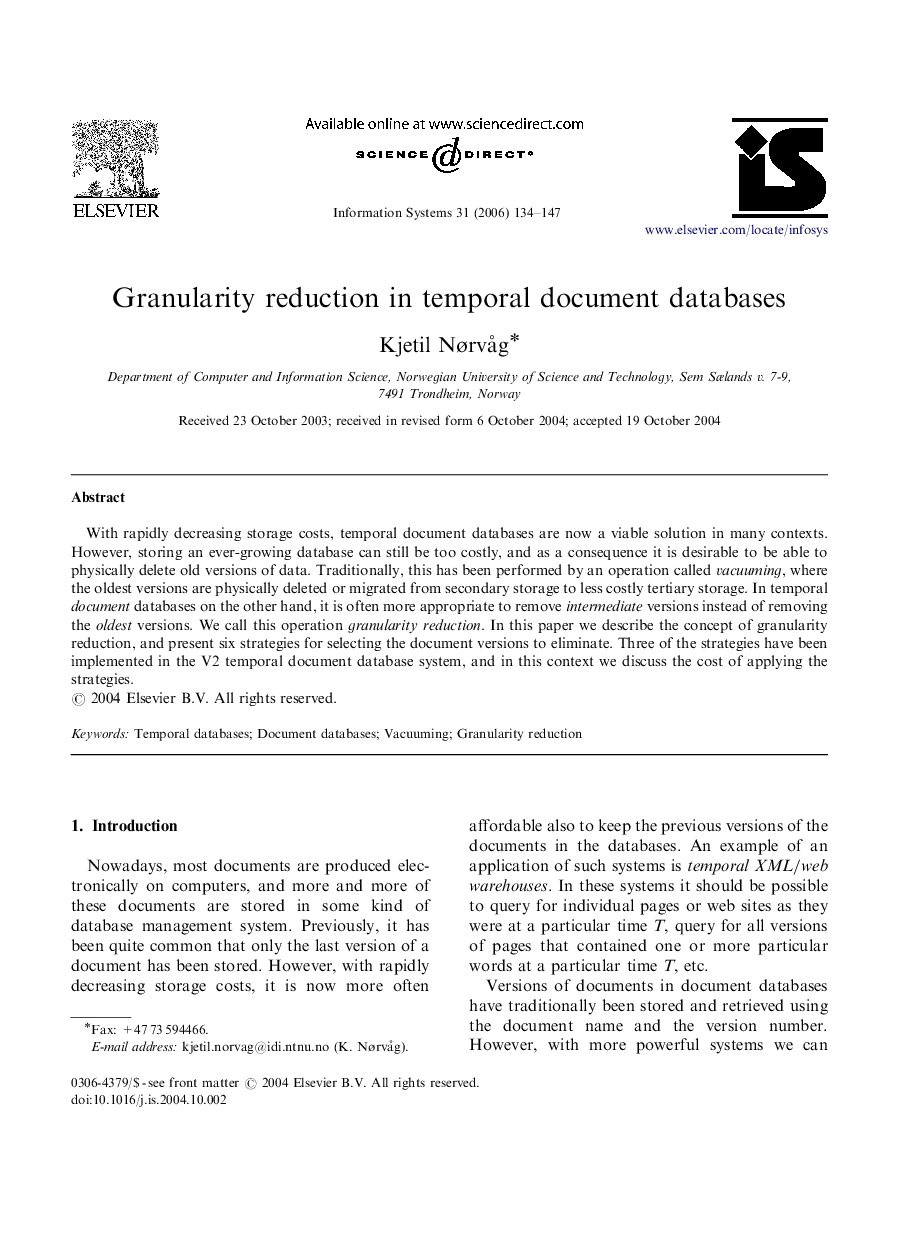 Granularity reduction in temporal document databases