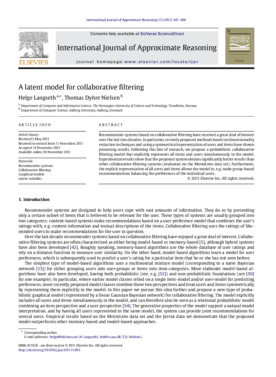 A latent model for collaborative filtering