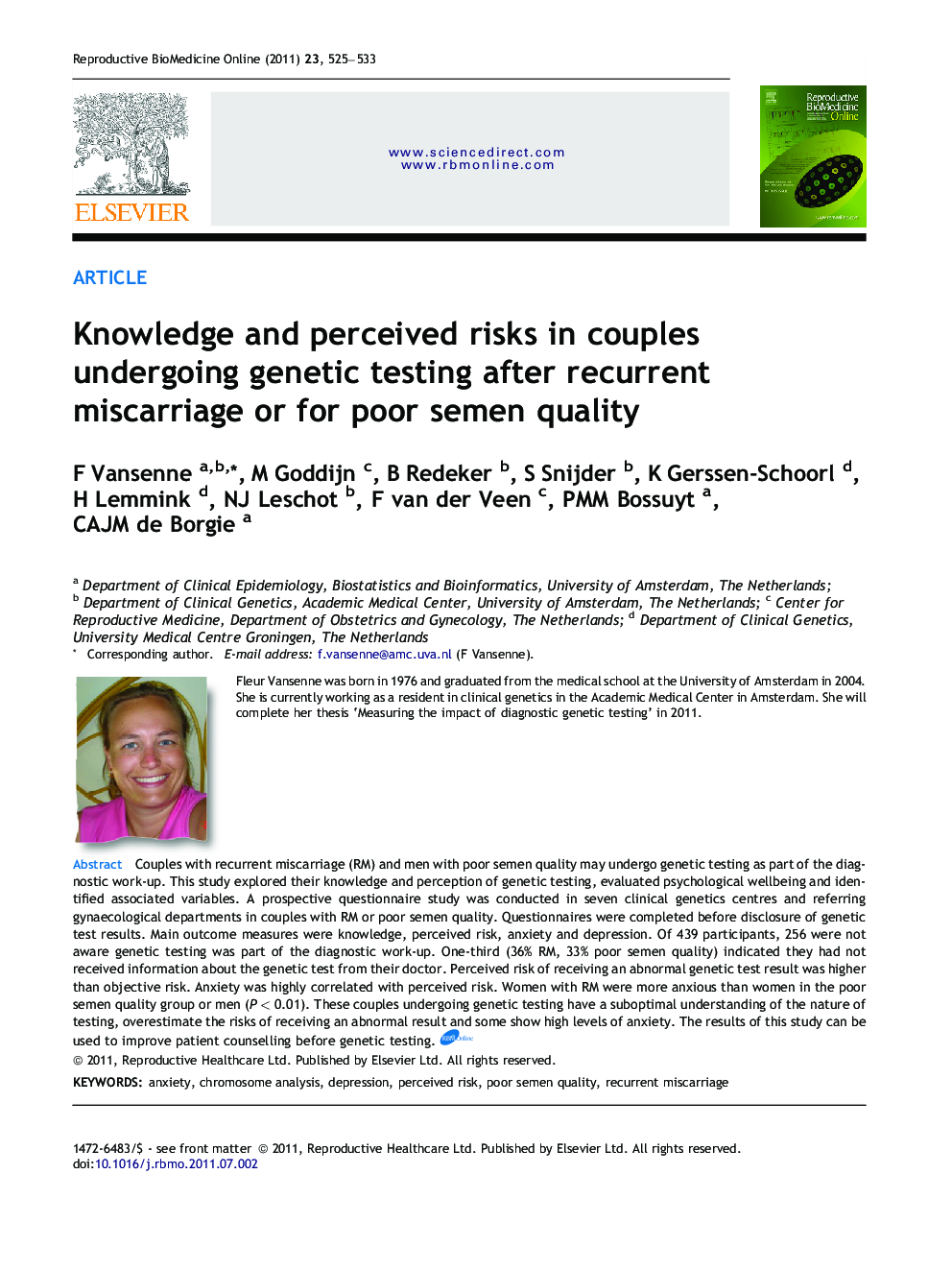 Knowledge and perceived risks in couples undergoing genetic testing after recurrent miscarriage or for poor semen quality 
