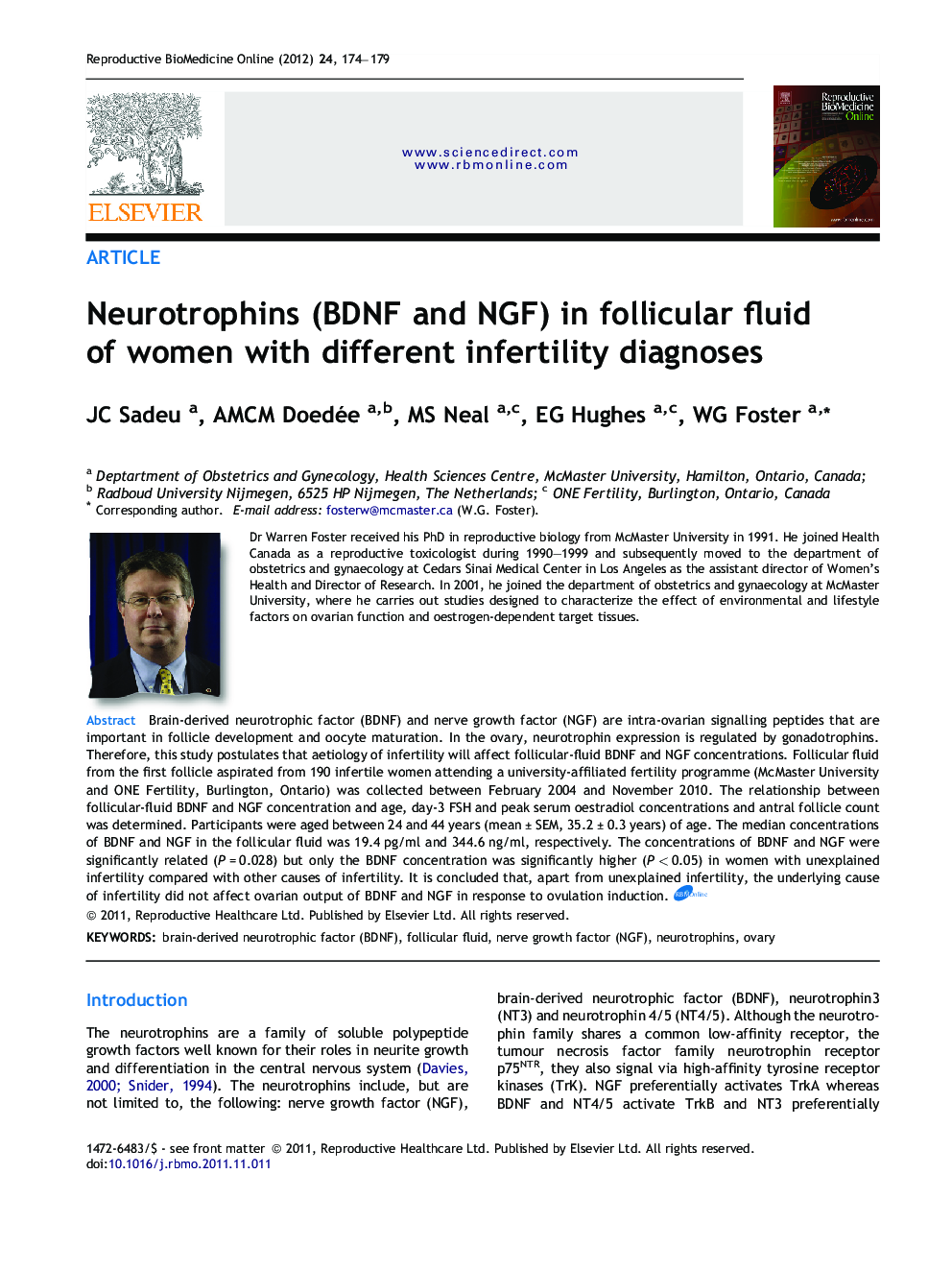 Neurotrophins (BDNF and NGF) in follicular fluid of women with different infertility diagnoses 