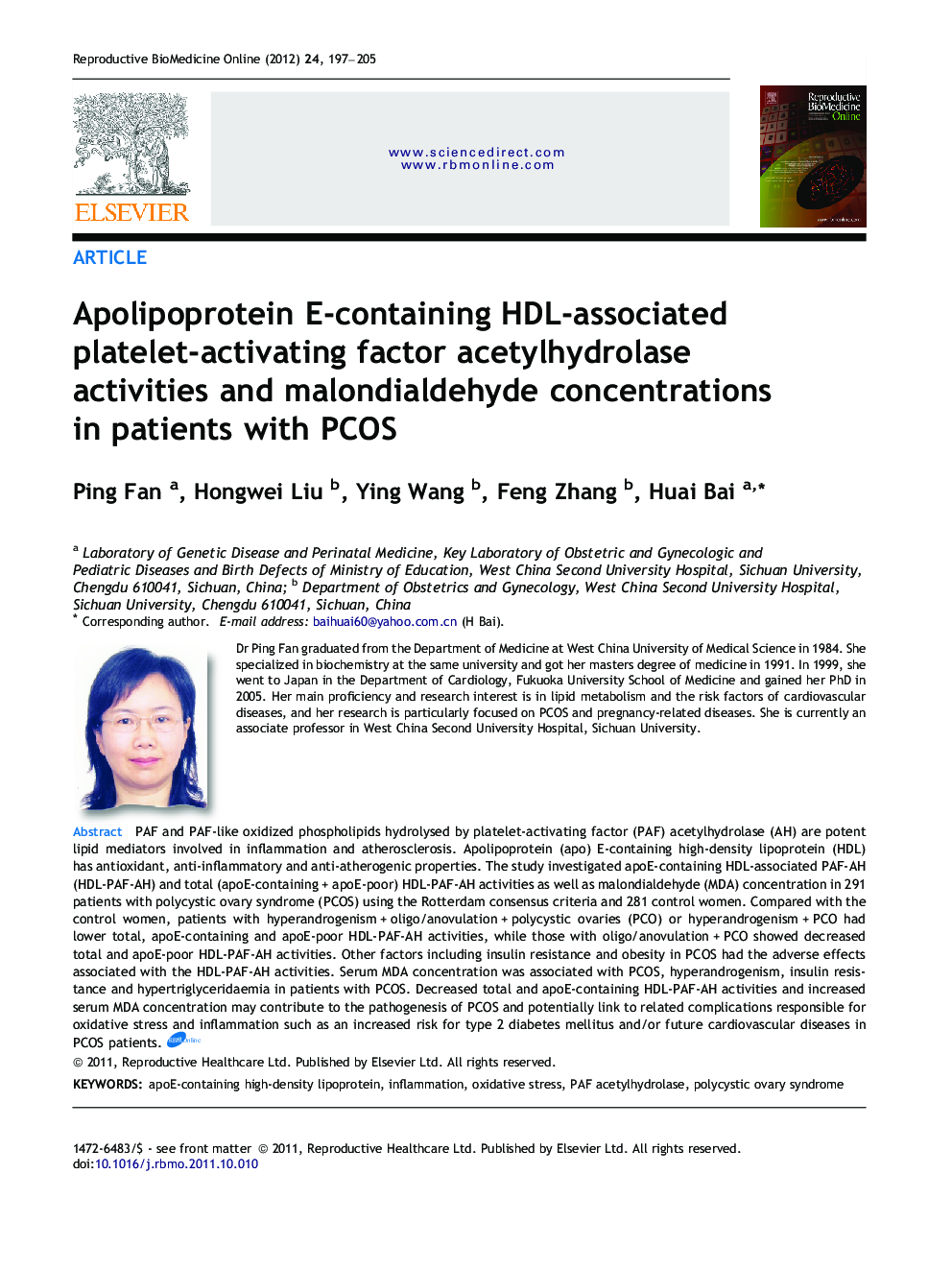 Apolipoprotein E-containing HDL-associated platelet-activating factor acetylhydrolase activities and malondialdehyde concentrations in patients with PCOS 