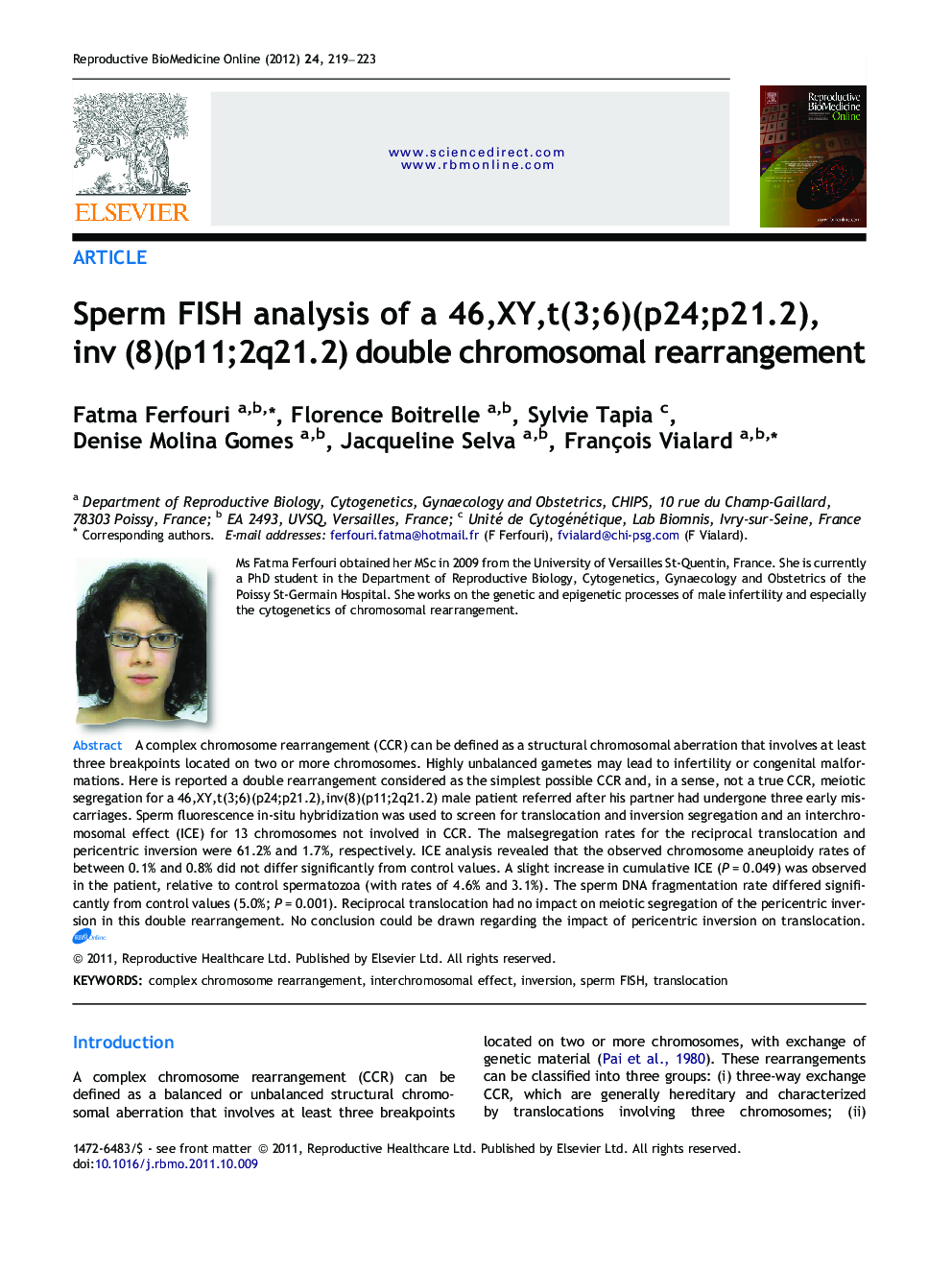 Sperm FISH analysis of a 46,XY,t(3;6)(p24;p21.2),inv (8)(p11;2q21.2) double chromosomal rearrangement 