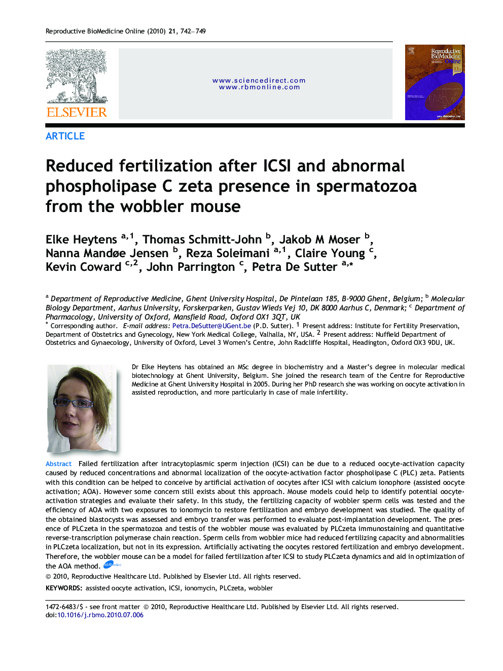 Reduced fertilization after ICSI and abnormal phospholipase C zeta presence in spermatozoa from the wobbler mouse 