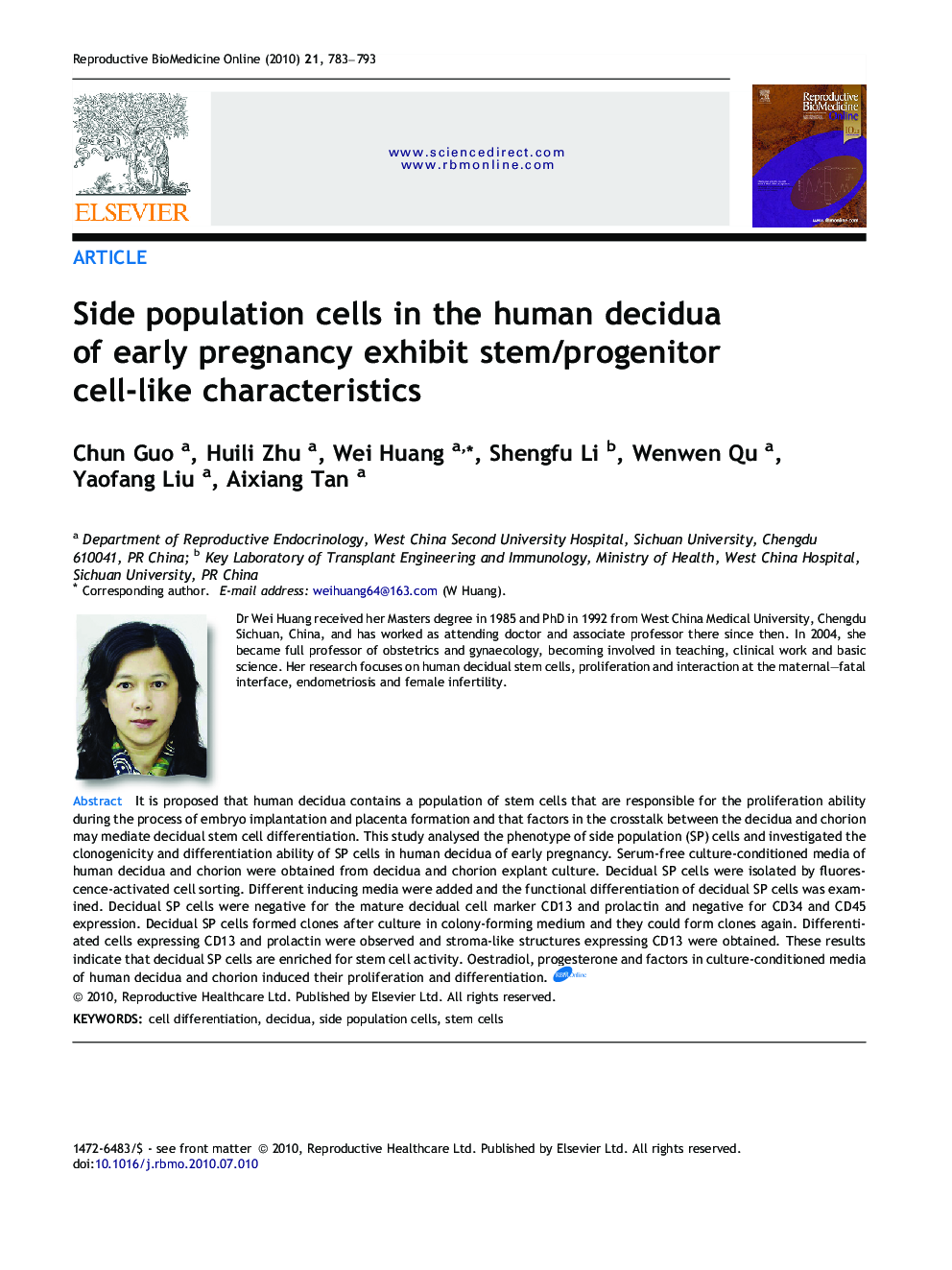 Side population cells in the human decidua of early pregnancy exhibit stem/progenitor cell-like characteristics 