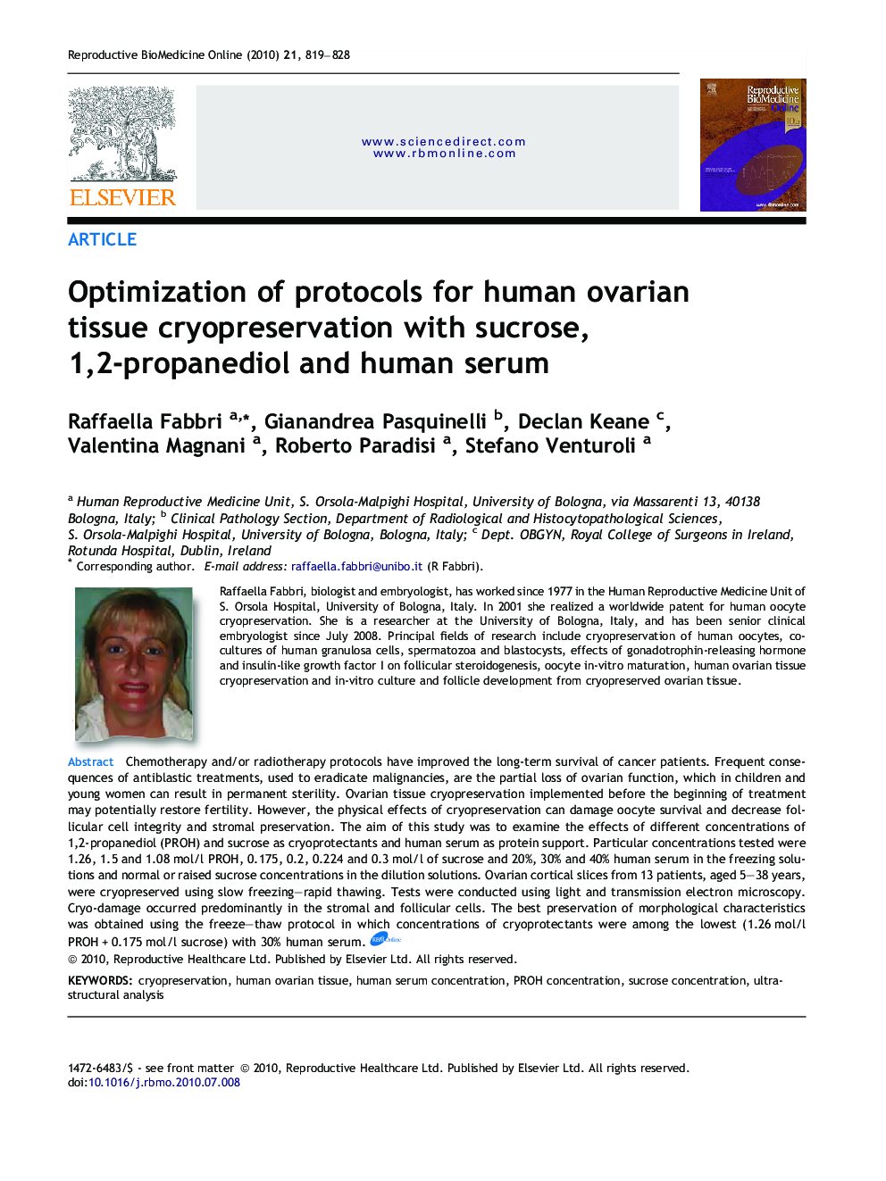 Optimization of protocols for human ovarian tissue cryopreservation with sucrose, 1,2-propanediol and human serum