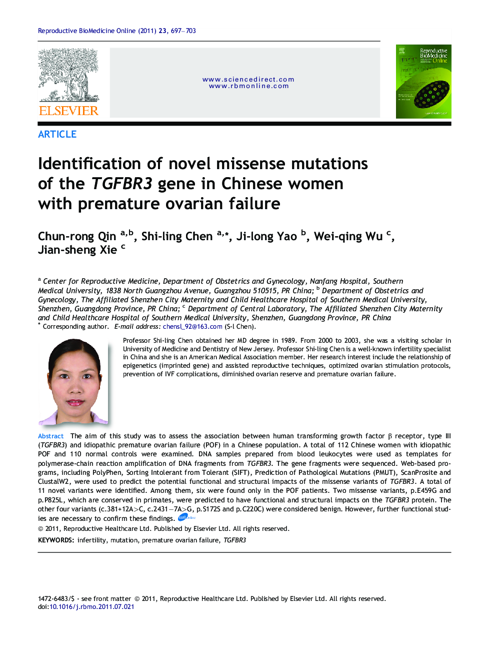 Identification of novel missense mutations of the TGFBR3 gene in Chinese women with premature ovarian failure