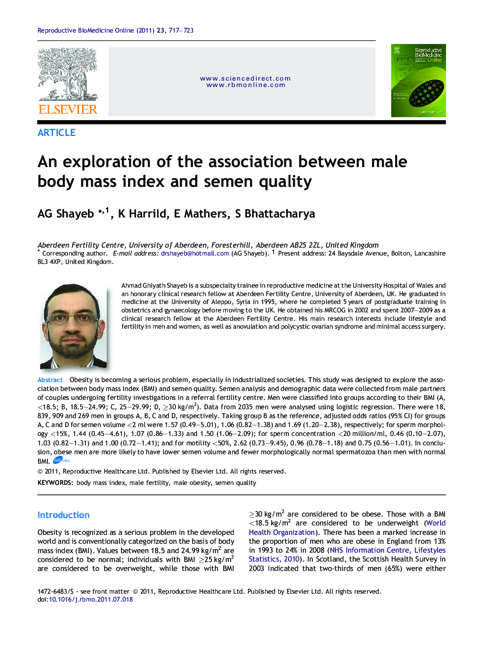 An exploration of the association between male body mass index and semen quality 