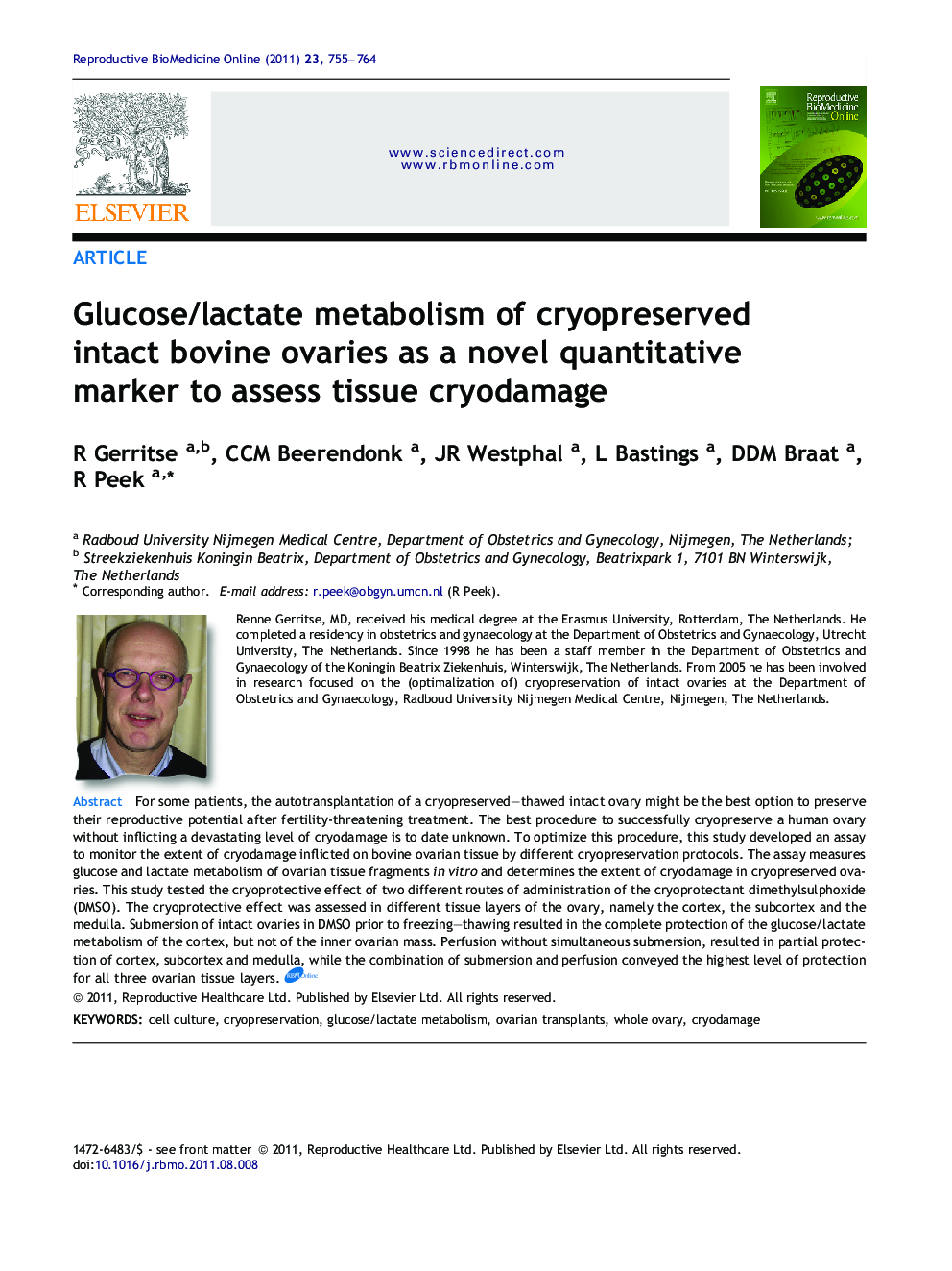 Glucose/lactate metabolism of cryopreserved intact bovine ovaries as a novel quantitative marker to assess tissue cryodamage 