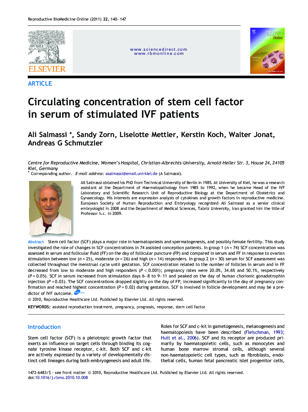 Circulating concentration of stem cell factor in serum of stimulated IVF patients 