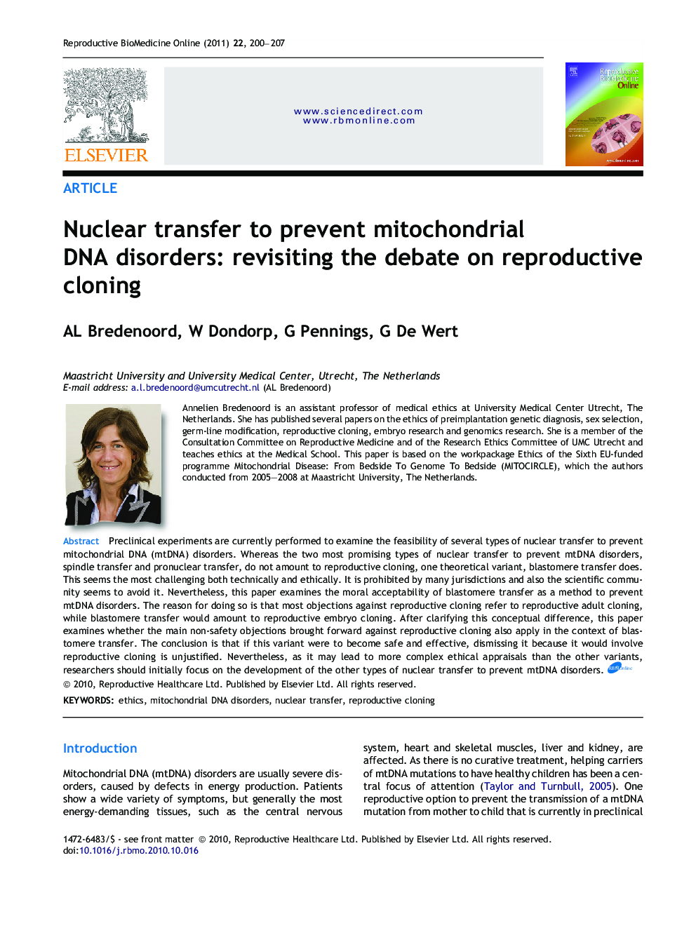 Nuclear transfer to prevent mitochondrial DNA disorders: revisiting the debate on reproductive cloning 