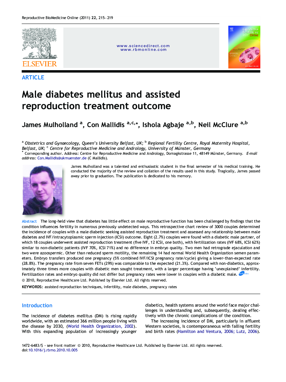 Male diabetes mellitus and assisted reproduction treatment outcome 