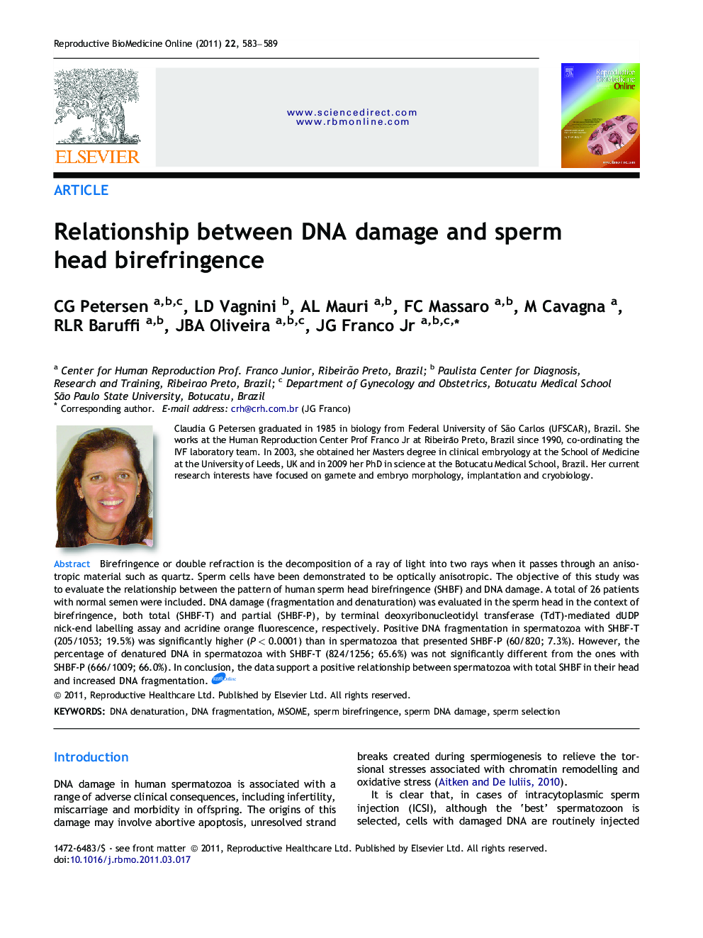 Relationship between DNA damage and sperm head birefringence 