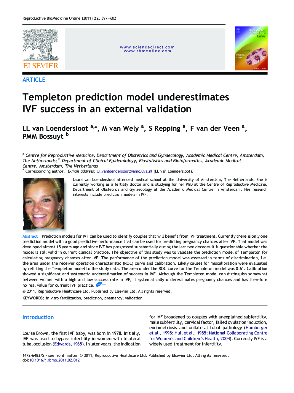 Templeton prediction model underestimates IVF success in an external validation 
