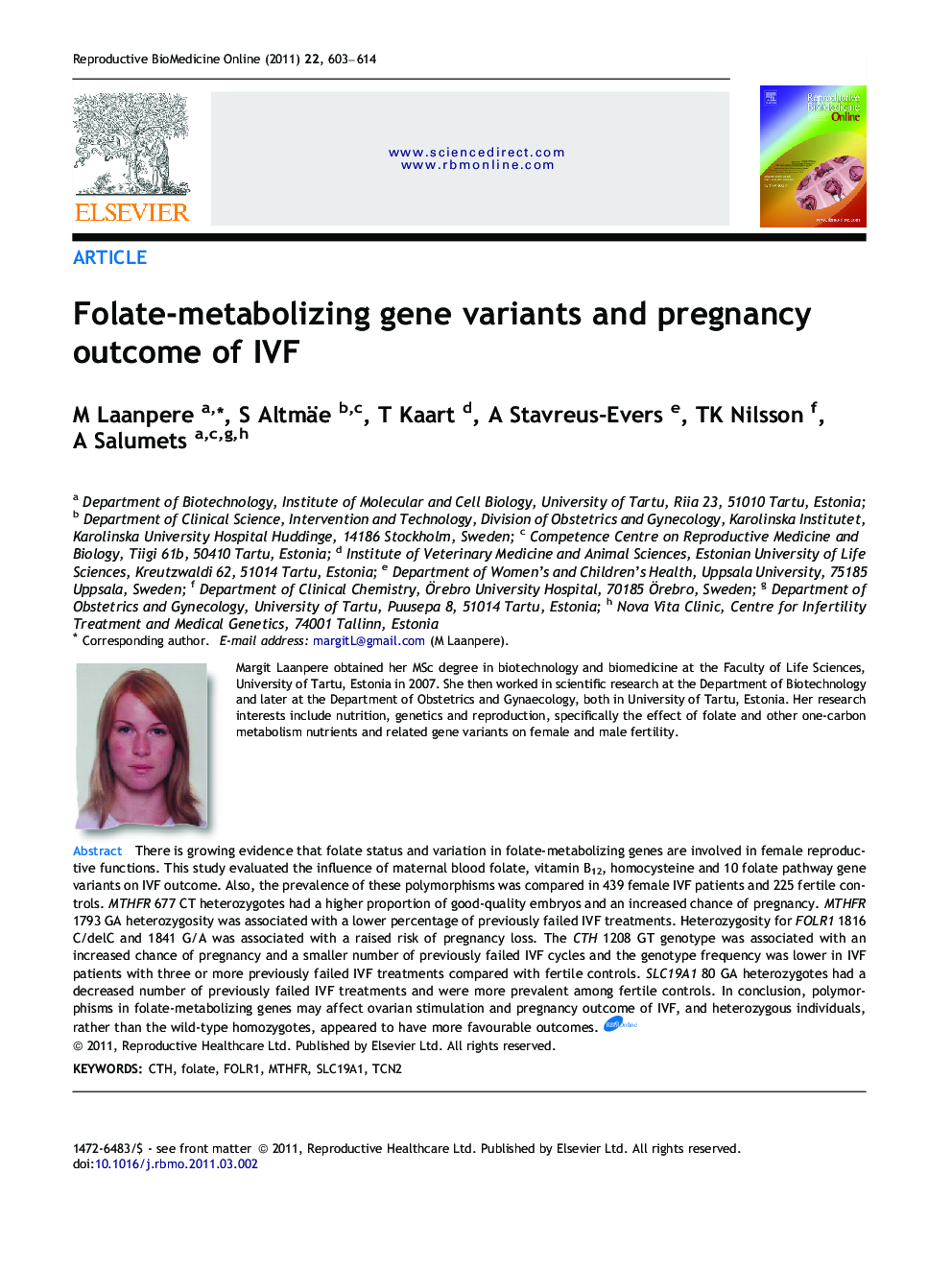 Folate-metabolizing gene variants and pregnancy outcome of IVF 