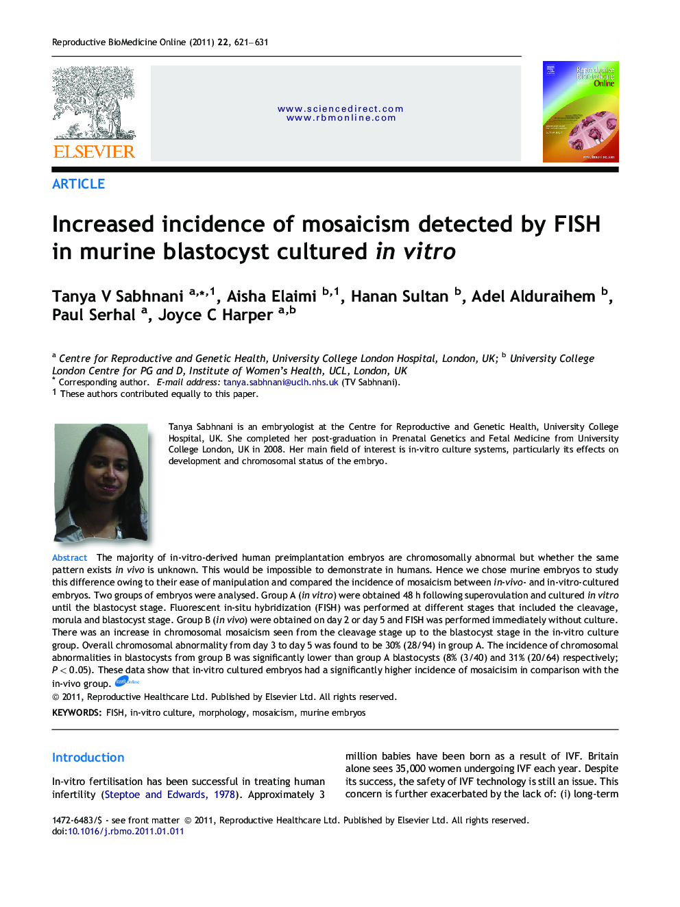 Increased incidence of mosaicism detected by FISH in murine blastocyst cultured in vitro 