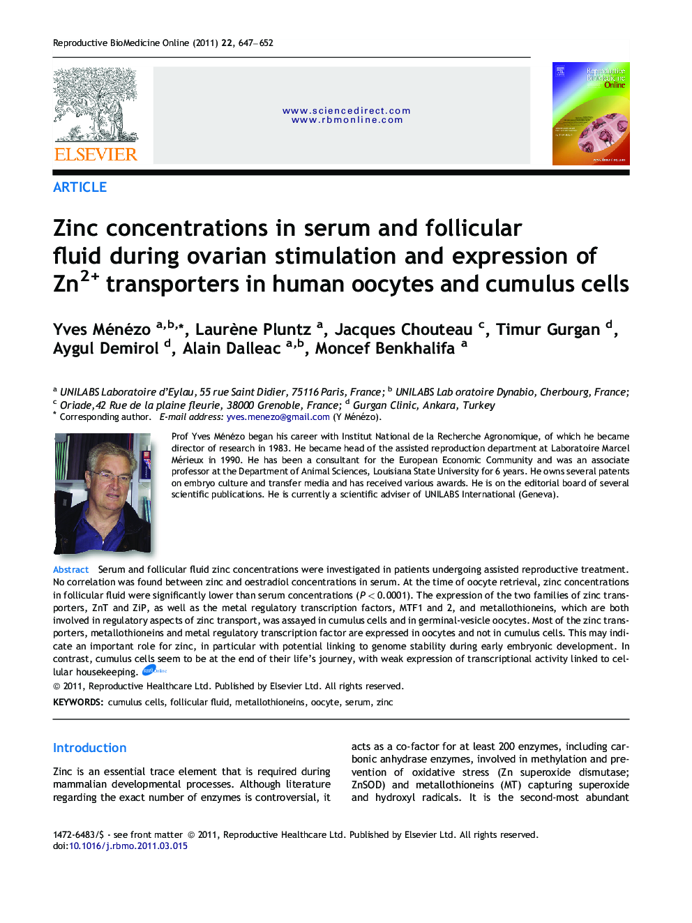 Zinc concentrations in serum and follicular fluid during ovarian stimulation and expression of Zn2+ transporters in human oocytes and cumulus cells 