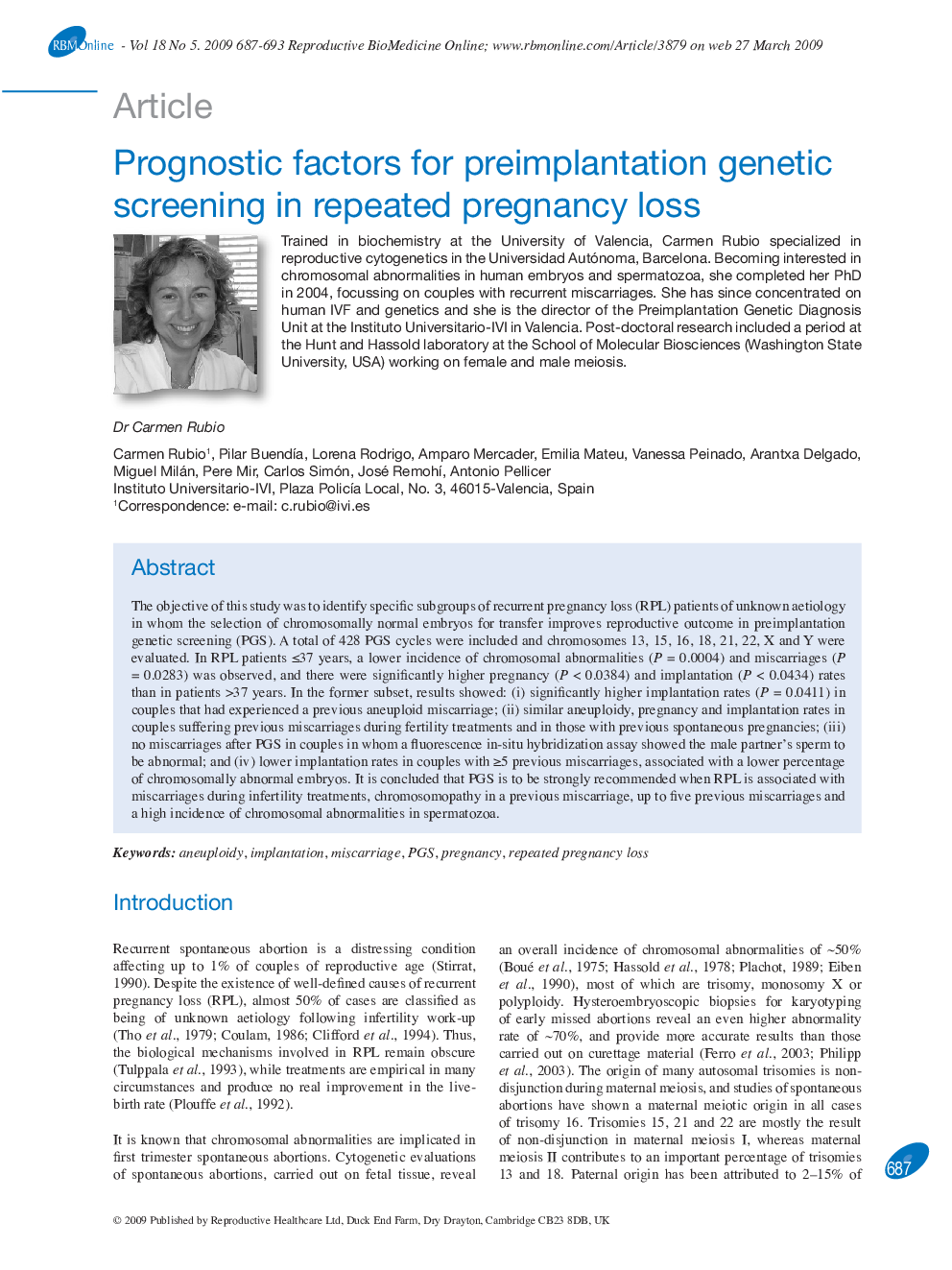 Prognostic factors for preimplantation genetic screening in repeated pregnancy loss 