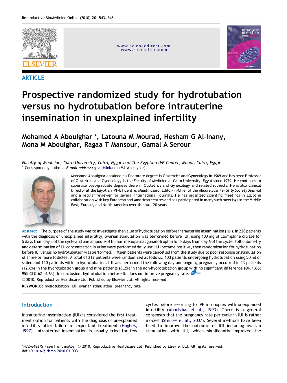 Prospective randomized study for hydrotubation versus no hydrotubation before intrauterine insemination in unexplained infertility 