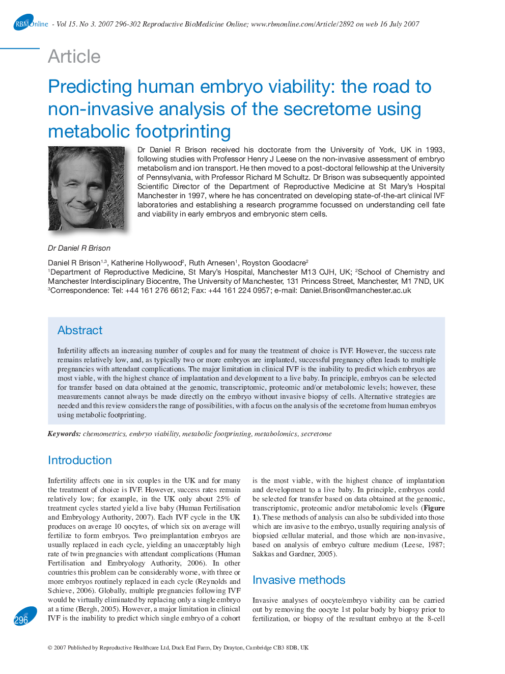 Predicting human embryo viability: the road to non-invasive analysis of the secretome using metabolic footprinting 