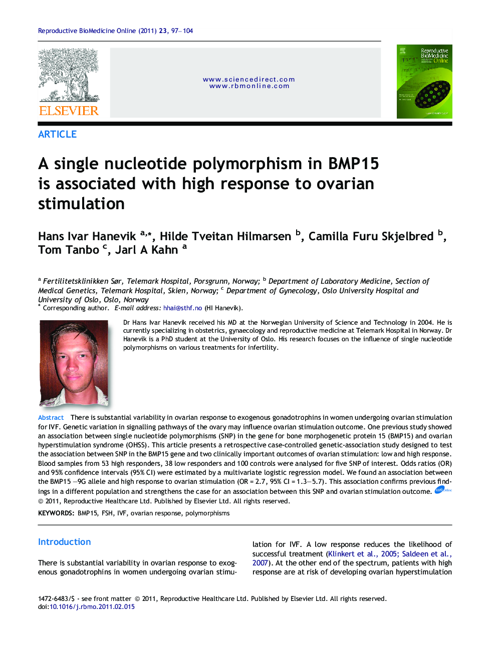 A single nucleotide polymorphism in BMP15 is associated with high response to ovarian stimulation 