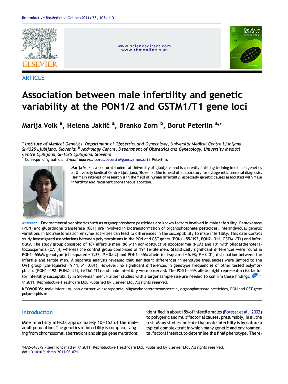 Association between male infertility and genetic variability at the PON1/2 and GSTM1/T1 gene loci 