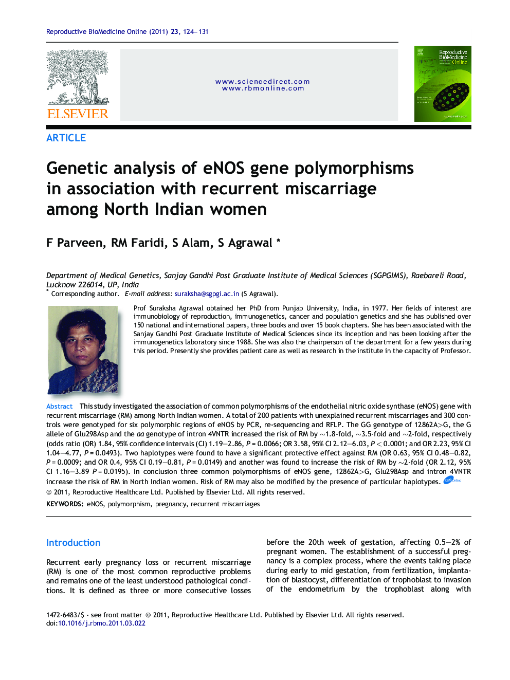 Genetic analysis of eNOS gene polymorphisms in association with recurrent miscarriage among North Indian women 