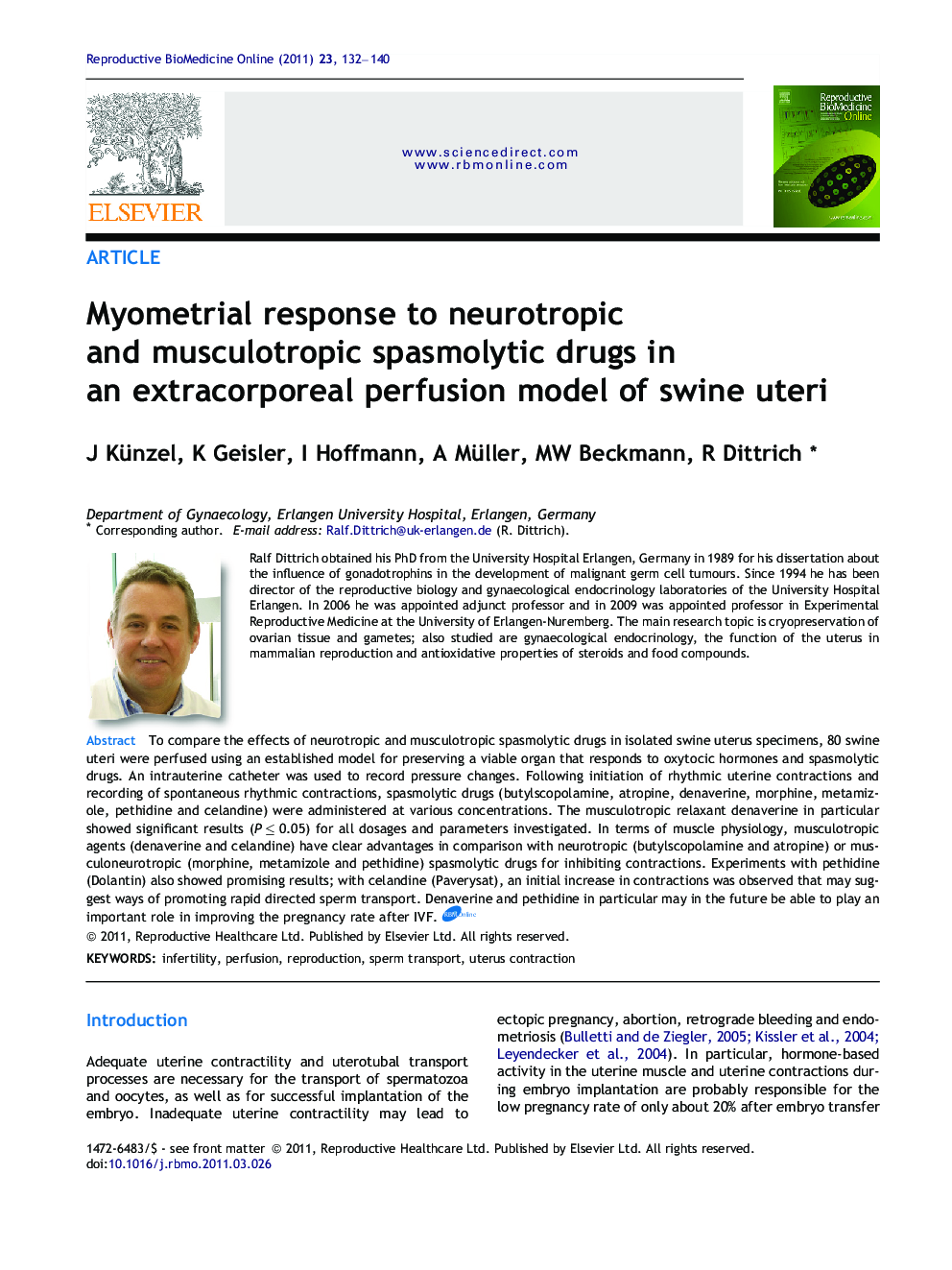 Myometrial response to neurotropic and musculotropic spasmolytic drugs in an extracorporeal perfusion model of swine uteri 