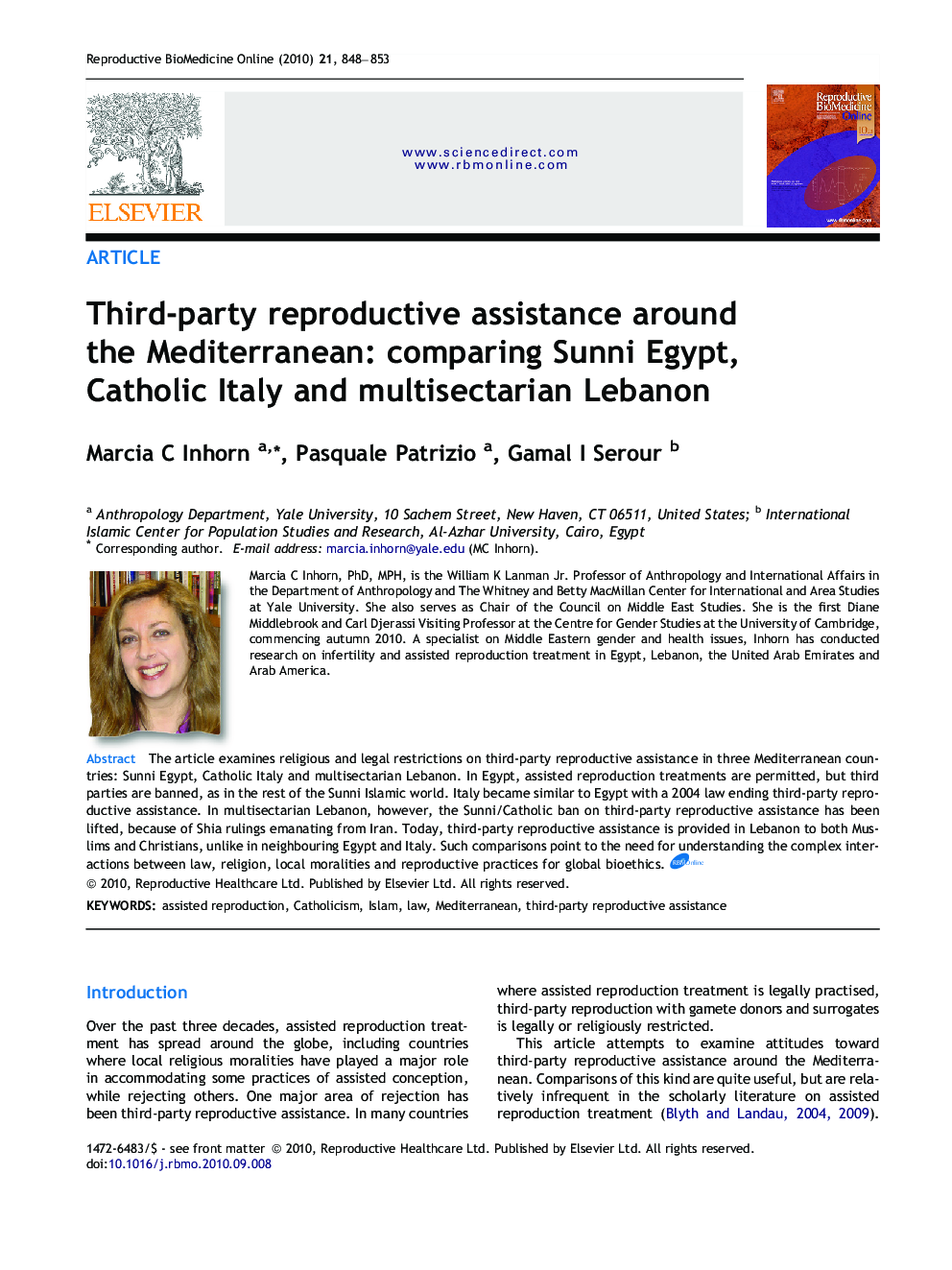 Third-party reproductive assistance around the Mediterranean: comparing Sunni Egypt, Catholic Italy and multisectarian Lebanon 