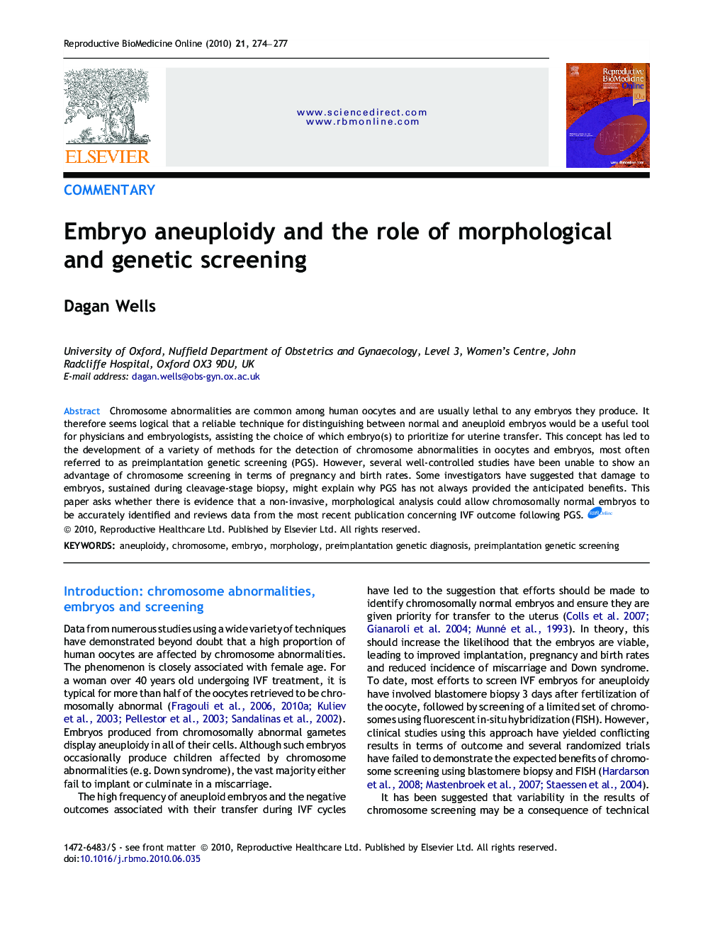Embryo aneuploidy and the role of morphological and genetic screening