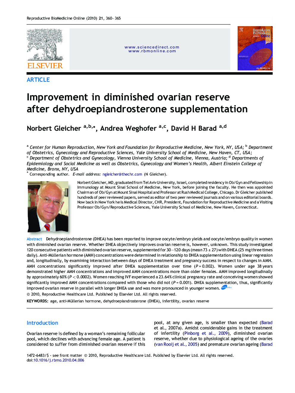Improvement in diminished ovarian reserve after dehydroepiandrosterone supplementation 