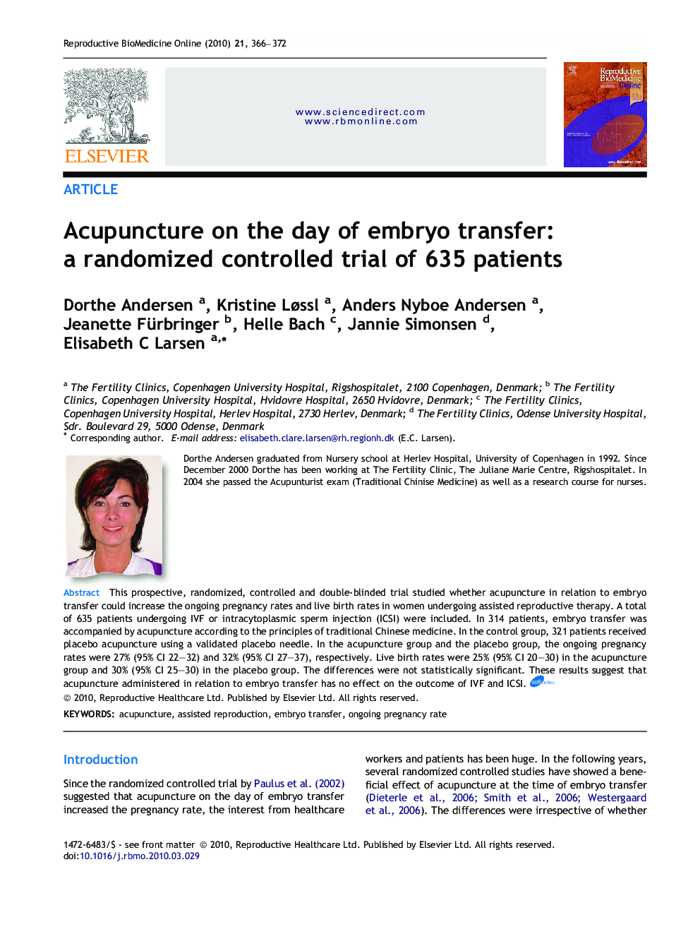 Acupuncture on the day of embryo transfer: a randomized controlled trial of 635 patients 