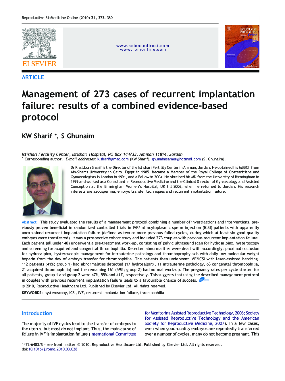 Management of 273 cases of recurrent implantation failure: results of a combined evidence-based protocol 