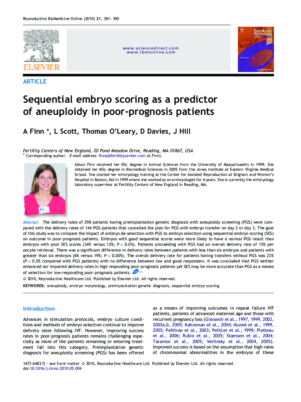 Sequential embryo scoring as a predictor of aneuploidy in poor-prognosis patients