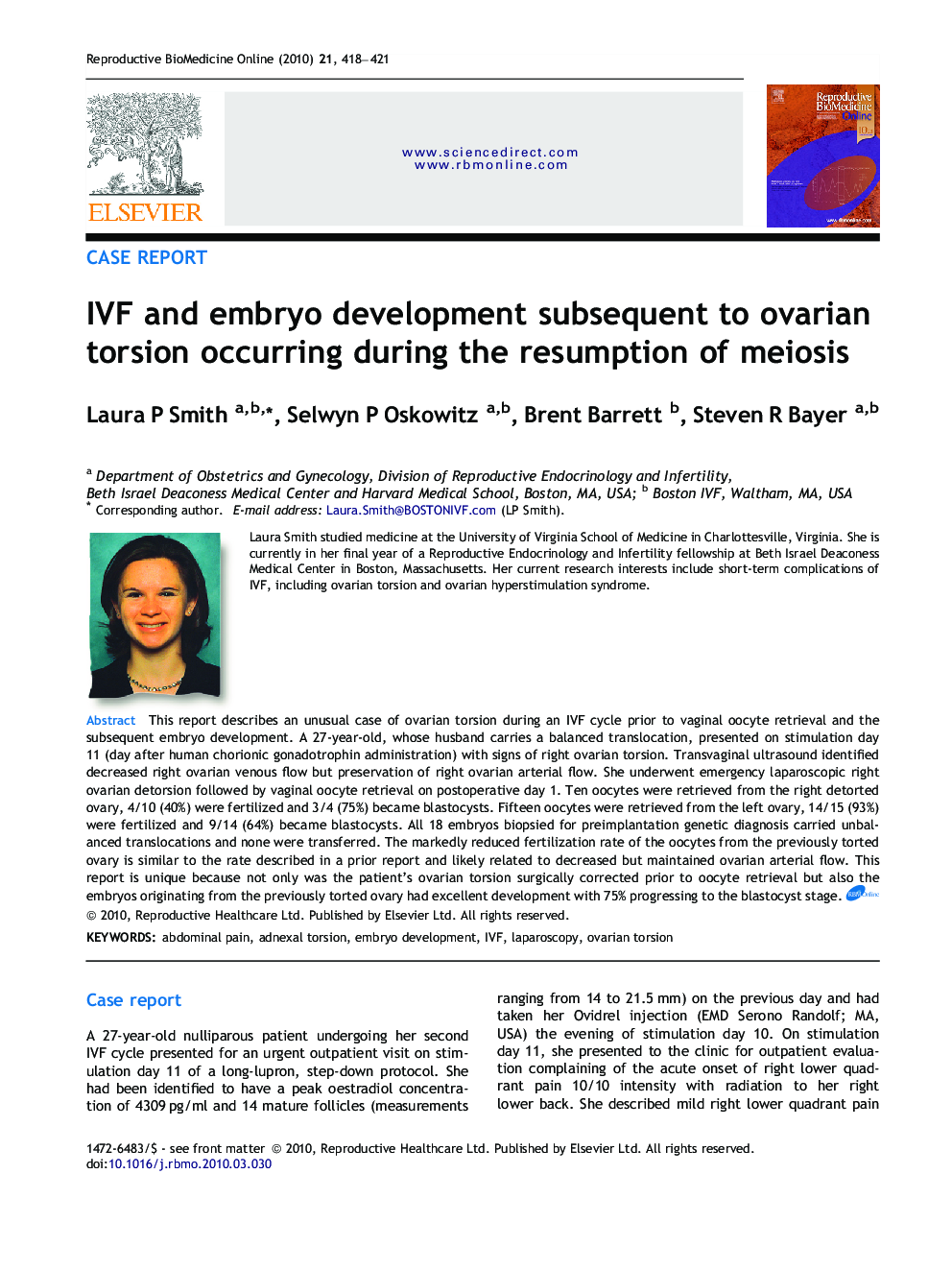 IVF and embryo development subsequent to ovarian torsion occurring during the resumption of meiosis 