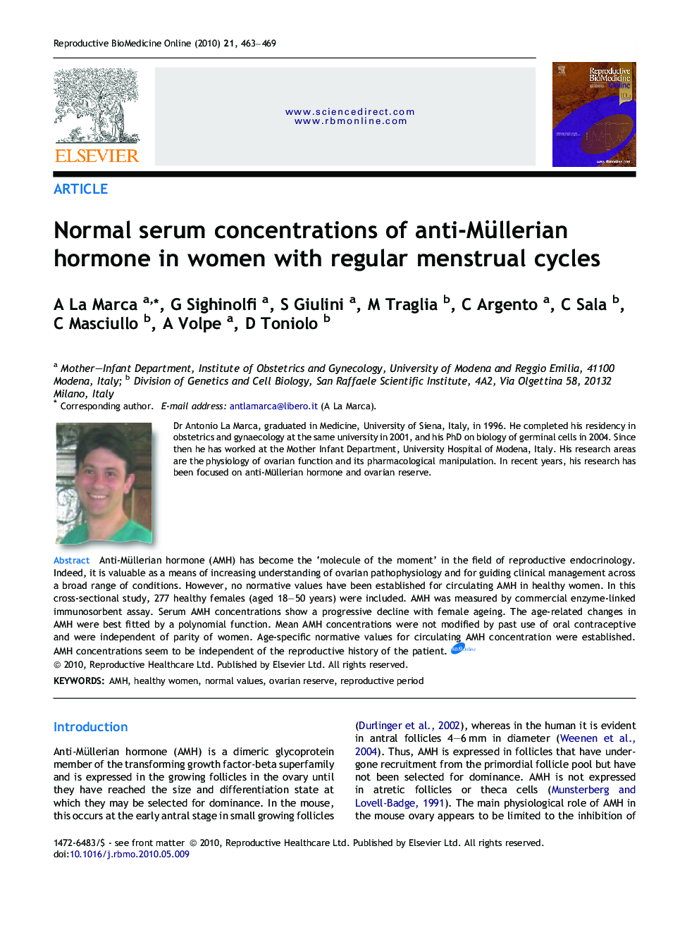 Normal serum concentrations of anti-Müllerian hormone in women with regular menstrual cycles 
