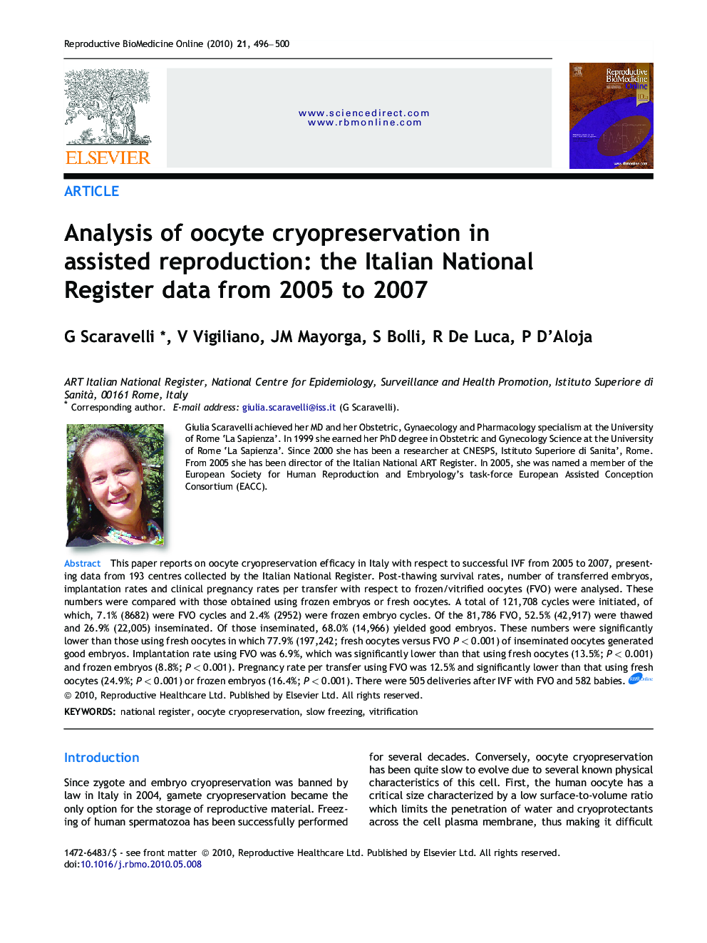 Analysis of oocyte cryopreservation in assisted reproduction: the Italian National Register data from 2005 to 2007 