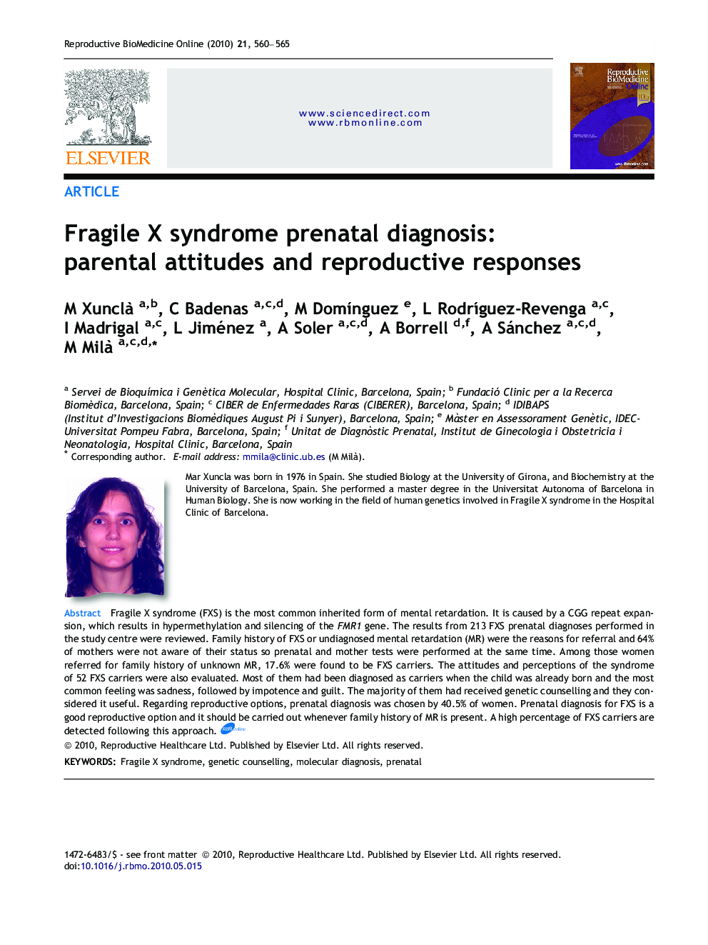 Fragile X syndrome prenatal diagnosis: parental attitudes and reproductive responses