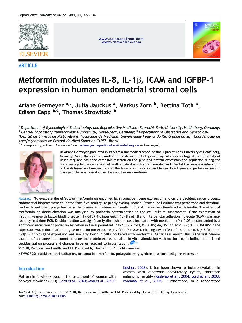 Metformin modulates IL-8, IL-1β, ICAM and IGFBP-1 expression in human endometrial stromal cells 