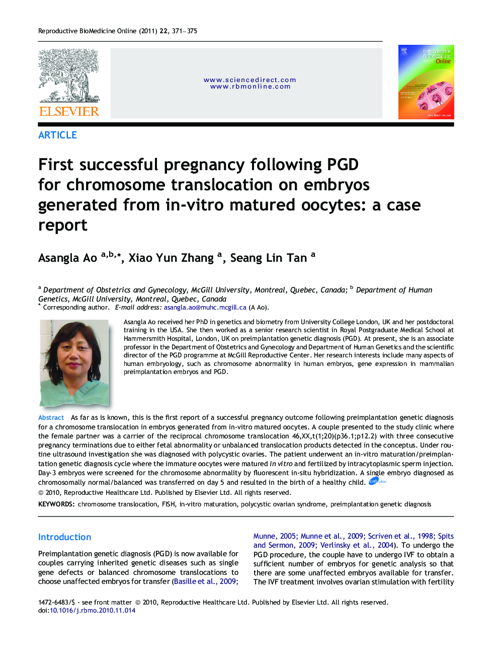 First successful pregnancy following PGD for chromosome translocation on embryos generated from in-vitro matured oocytes: a case report 